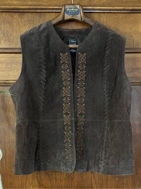 Vintage Genuine Leather Brown Suede Embroidered Vest